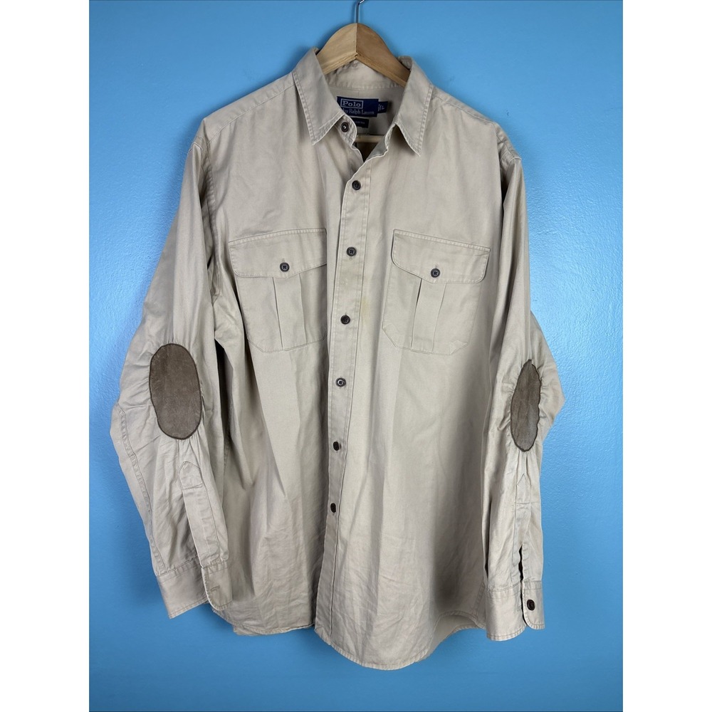 Vintage Polo Ralph Lauren Large Tan 2 Pocket Elbow Patches Work Shirt Old Money